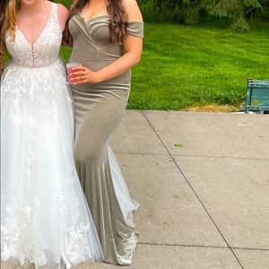 Revelry Bardot Sage Velvet Bridesmaid Dress
